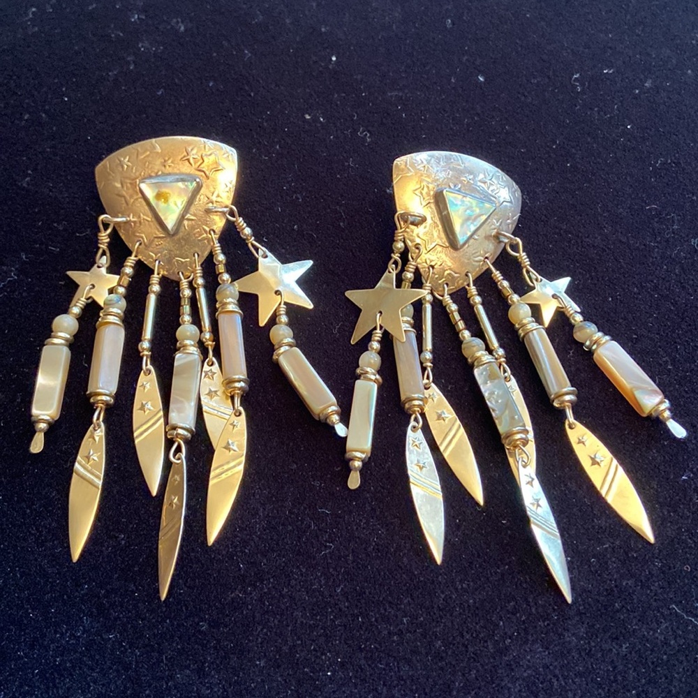 Tabra unsigned gold plated dangle earrings with Abalone, stars,leaves,gemstones